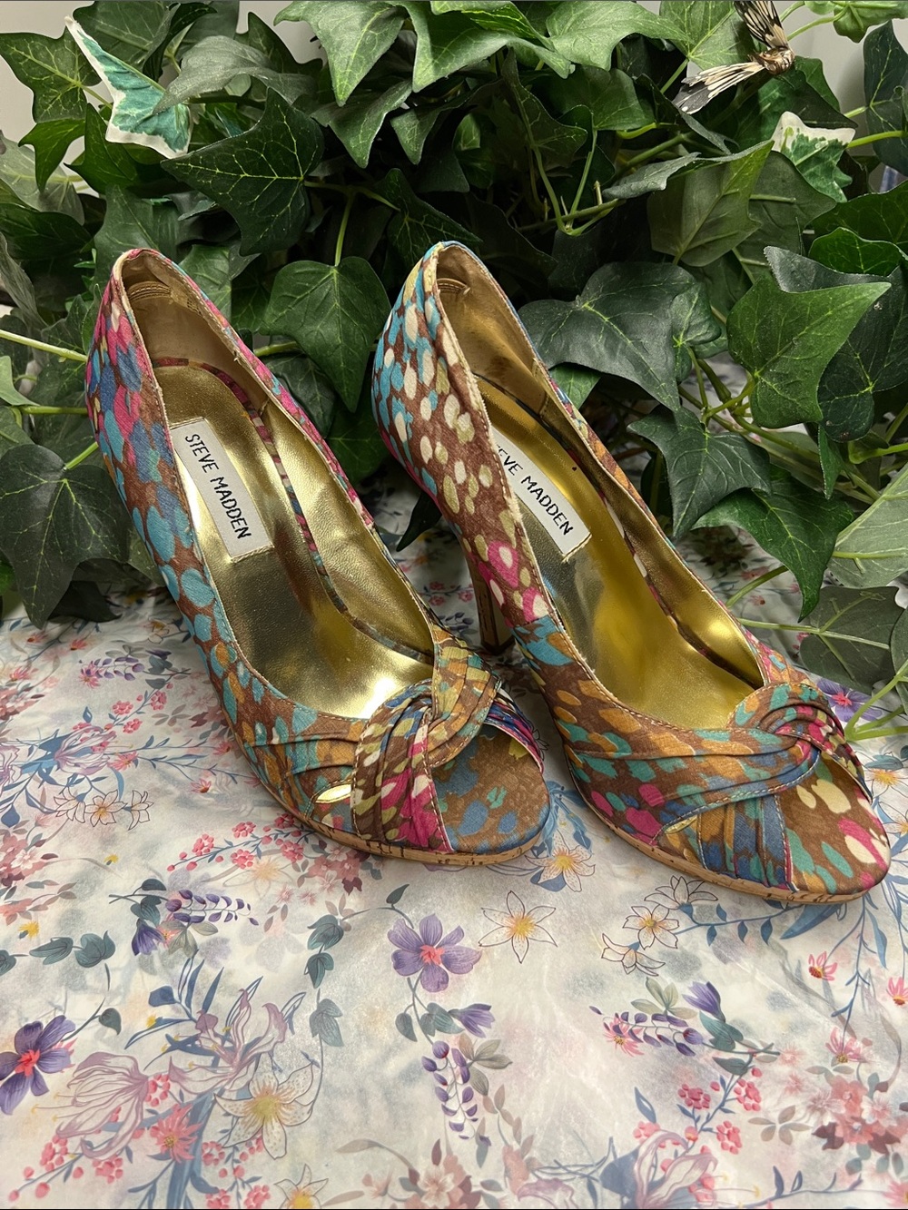 Steve Madden Brown Multicolor Floral Peep-Toe Heels for Women